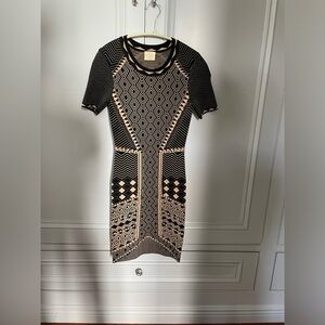 Torn by Ronny Kobo black and gold Jacquard body-con dress, size 0